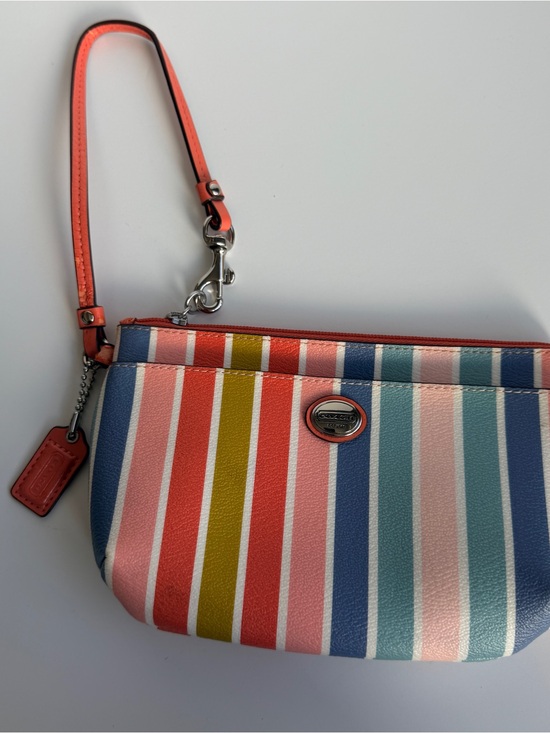 Coach Handbags - Coach Striped Wristlet in Coral, Pink, Blue & Yellow